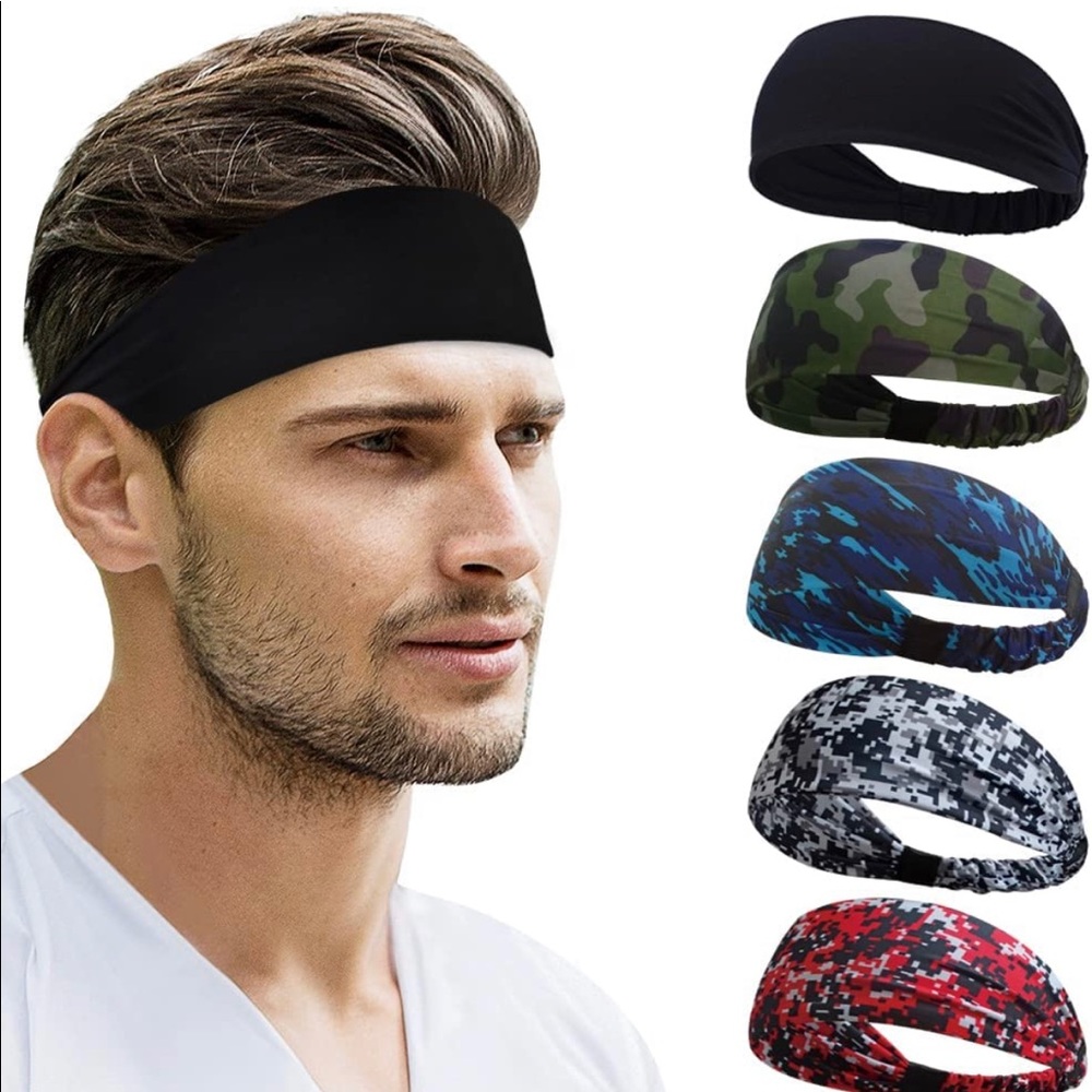 5 pack sports workout moisture wicking headbands new